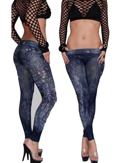 Outono Moda Denim Look Punk Strass Floral Falso Jean Leggings Calças Justas OS OS