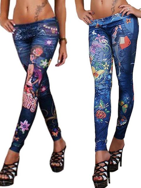 Nya Sexiga Denim Look Punk Floral Print Faux Jean Leggings Tights Byxor