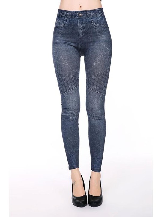 Women Fashion Mesh Printed Denim Style Faux Stitched  Jean Legging Tights Stretchable