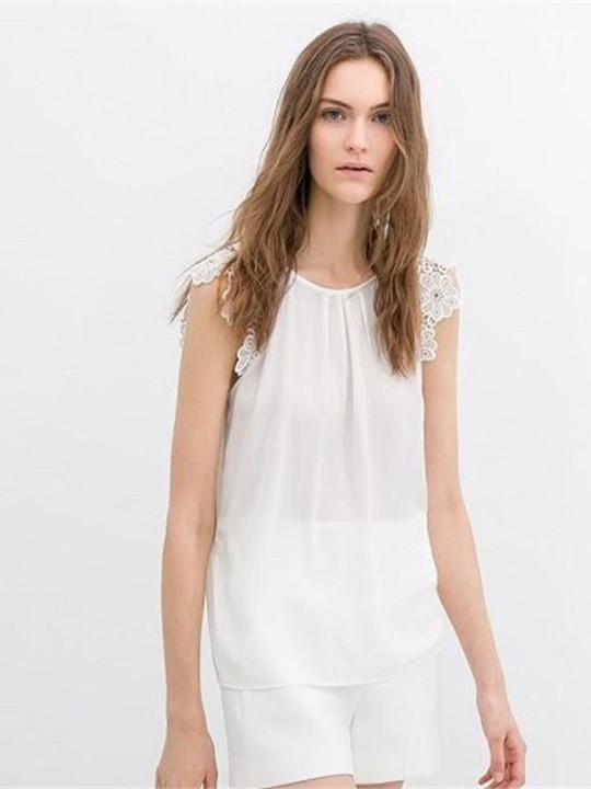Tendance Filles Dentelle Crochet Mancherons Blouses En Mousseline De Soie Chemises Tops S-2XL_trq