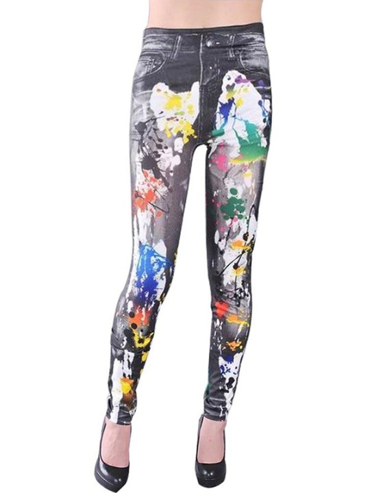 Dammodell Nya snygga graffiti Faux Jean Denim Tights Byxor Leggings