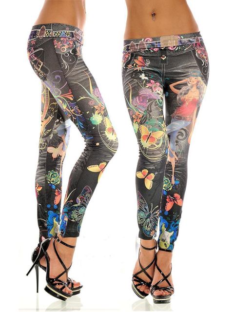 Dammode Grå Faux Jean Denim Skönhet och fjäril Print Tights Leggings