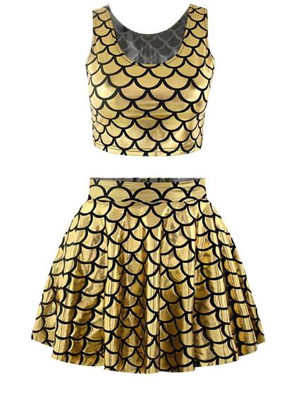 Women's Summer Slim Fish Scale Tight Vest top+ Pleated Skirt Suit Sets