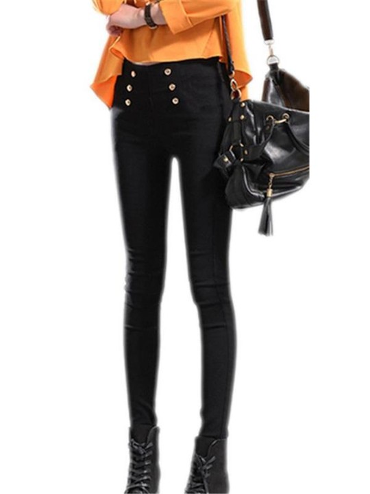 Las mujeres coreanas delgadas botón de cintura alta doble botonadura lápiz pantalones polainas