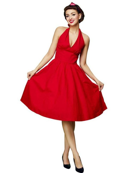 Women's Classy Vintage Deep V- Neck Style 1950's Rockabilly Swing Evening Dress