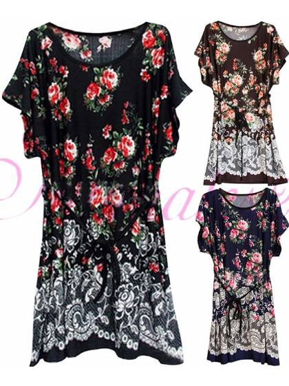 Mode femmes à manches courtes imprimé fleur lâche manches chauve-souris vêtements de plage robe robes vintage