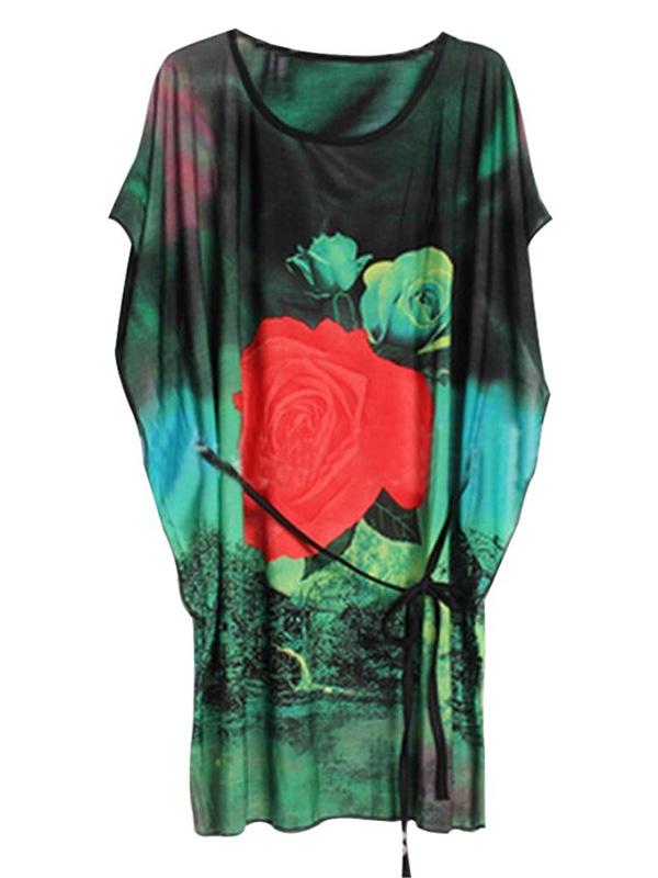 Damen Bohemian Hippie lose Ärmel Blumendruck Grundierung Tunika kurze Kleid Bluse