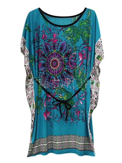 Retro Clubwear böhmischen Hippie lose Ärmel Blumendruck Primer Tunika kurzes Kleid