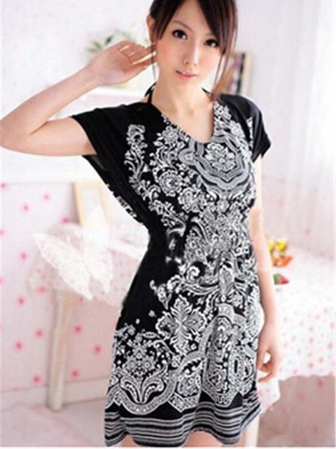 Mode femmes à manches courtes imprimé floral lâche manches chauve-souris robe de plage robes vintage