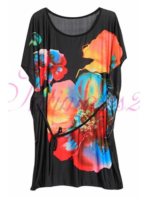 Mode Kvinnor Kortärmad Flower Print Lösa Batwing ärm Beachwear klänning