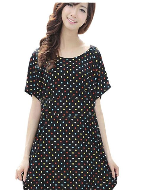 Mode d&#39;été à manches courtes à pois imprimé lâche manches chauve-souris robe noire T-Shirt décontracté vêtements de plage chemisier