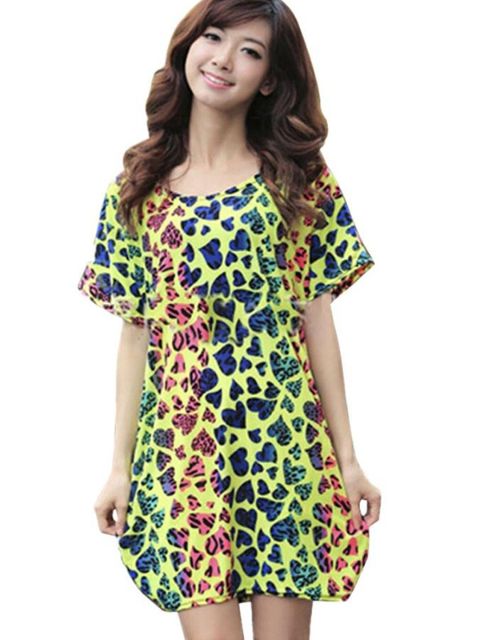 Kvinnors sommar bohemiska batwing kortärmad hjärta leopardmönster lös is silke klänning helgdagskläder