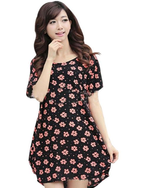 Vintage Batwing Short Sleeve wenig Blumenmuster lose Eis Seide Kleid Urlaub tragen