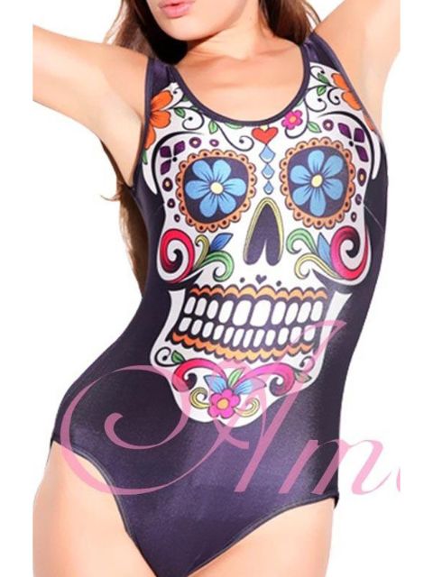Qualität Blume Schädel Digital Print Goth Punk-Spielanzug Teddy Monokini Badeanzug