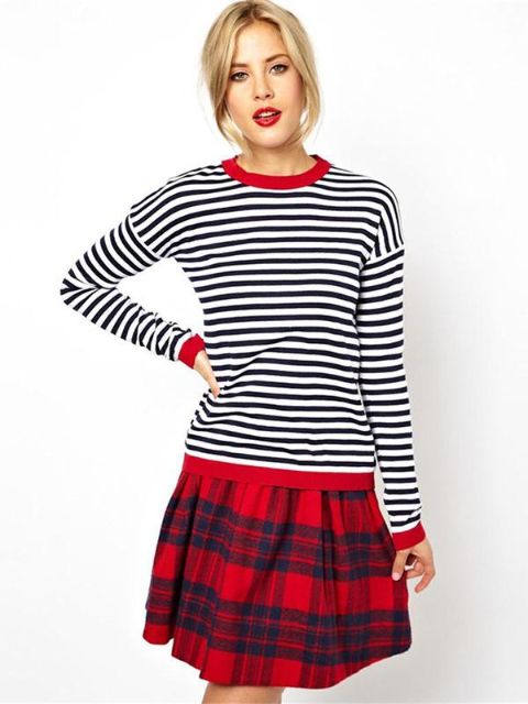 Hvítur svartur langerma röndóttur laus bolur kvenna