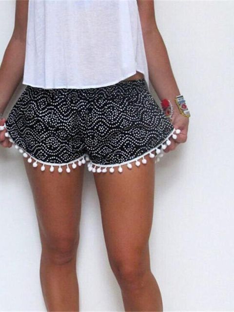 Women Vintage Floral Tribal Tassels Hot Beach Casual Shorts Pants Elasticized Waist