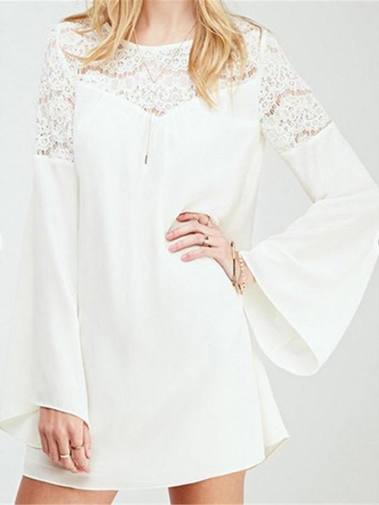 Sweet White Lace Top Long Flare Sleeve Chiffon Shift Long Sleeve Dress