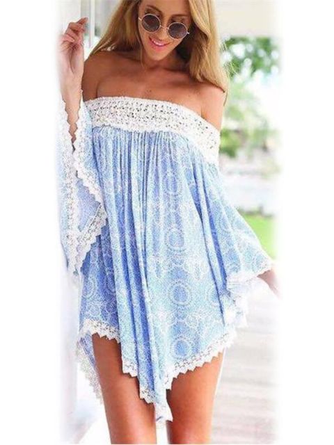 Sexy Boho Print Bustier Manches Chauve-Souris Robe Lâche Cover UP Beach Wear