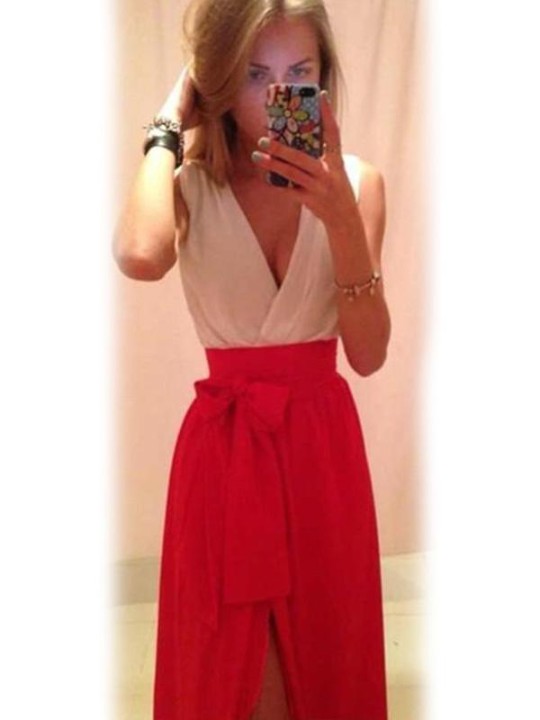 Mode d&#39;été pour femmes Sexy sans manches col en V profond mignon arc fendu jupe rouge robe robe de soirée