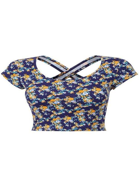 Verão das mulheres Casual Amarelo Floral Imprimir T-shirt de Manga Curta Cruz de Volta Tanques de Umbigo e Topos de Colheita