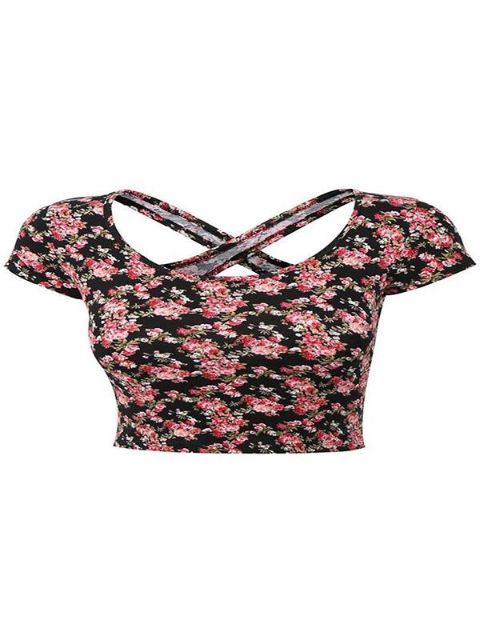 Verão das mulheres Casual Red Floral Imprimir T-shirt de Manga Curta Cruz de Volta Tanques de Umbigo e Colheita Tops