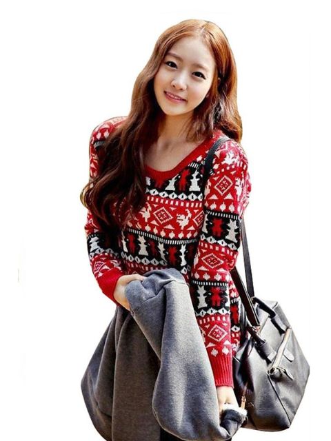 Spring/Autumn Women'S Jacquard Pullover Female Long Sleeves O-Neck Sweater Christmas Deer Sweaters & Cardigans