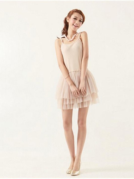 Women's Fashion Mesh Veil Short Lace Pleated Summer Bottoming Dress