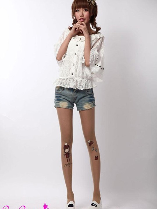 Cute Girl Print Women's Fashion Sweet Girl Tattoo Stockings Leggings Pantyhose Transparent