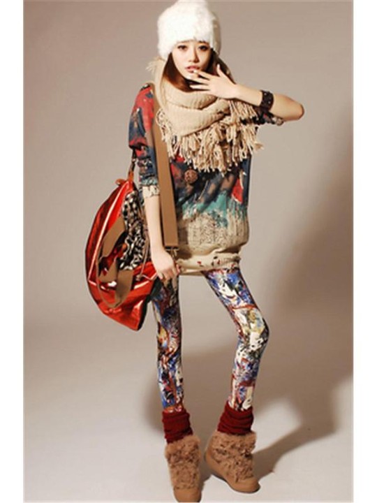 Kvinders mælkesilke, elastisk punk-stil Graffiti Capris, stramme bukser Slim Fit Leggings