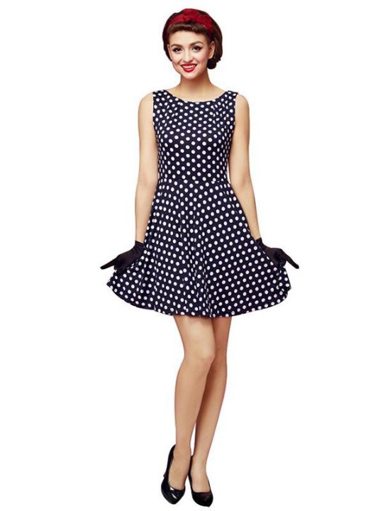 Kvinder Polka Dot Ærmeløs Fest Wear til Work Chiffon Tunika Vintage Kjole