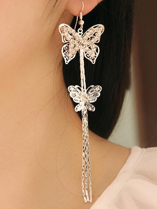 Nueva moda de mujer doble mariposa Rhinestone gancho pendientes borlas largas cadenas pendientes de joyería de moda para el banquete de boda