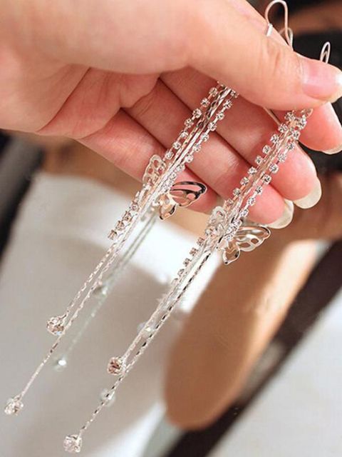 Novas Mulheres Moda Borboleta Lantejoula Rhinestone Pingente Gancho Brincos Longas Borlas Cadeias Brincos Moda jóias para Festa de Casamento