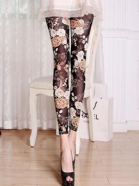 Nuevas mujeres atractivas florales estampados de gasa Leggings