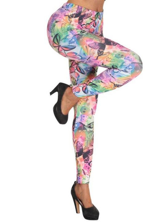 Frauen Hot Pink Schmetterlinge Muster Tie Dye Grafik Stretchy Strumpfhosen Leggings Hosen
