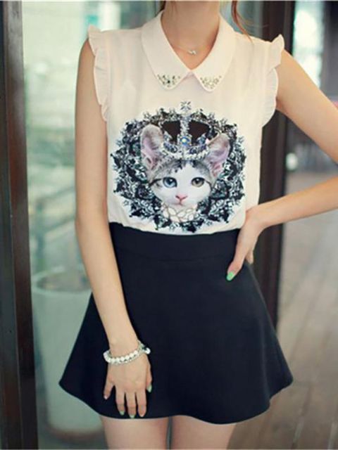 Sommer kvinders Fahsion hætte ærme dukke krave dyr kat digital trykt chiffon toppe vest bluse t-shirt