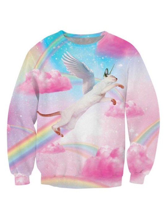 Vor Haust Ný tíska Warm Casual 3D Print Rainbow Winged Cat Sweatshirts Hettapeysur Peysur Tops Sweats Hoody