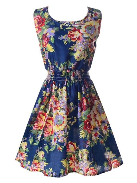 Sommar Casual ärmlös väst Smal chiffongklänning Utskrift med blommig lös damvästklänning