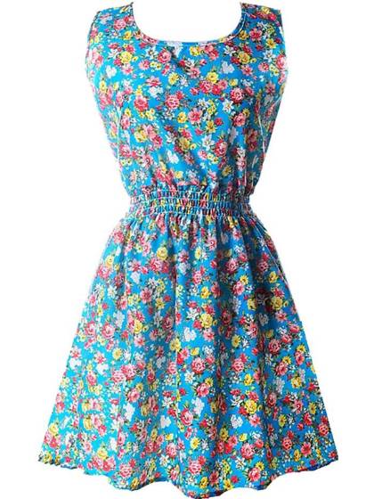 Hot Fashion Chiffon O Neck Print Elastisk Talje Strand Ærmeløs Mini Kjole