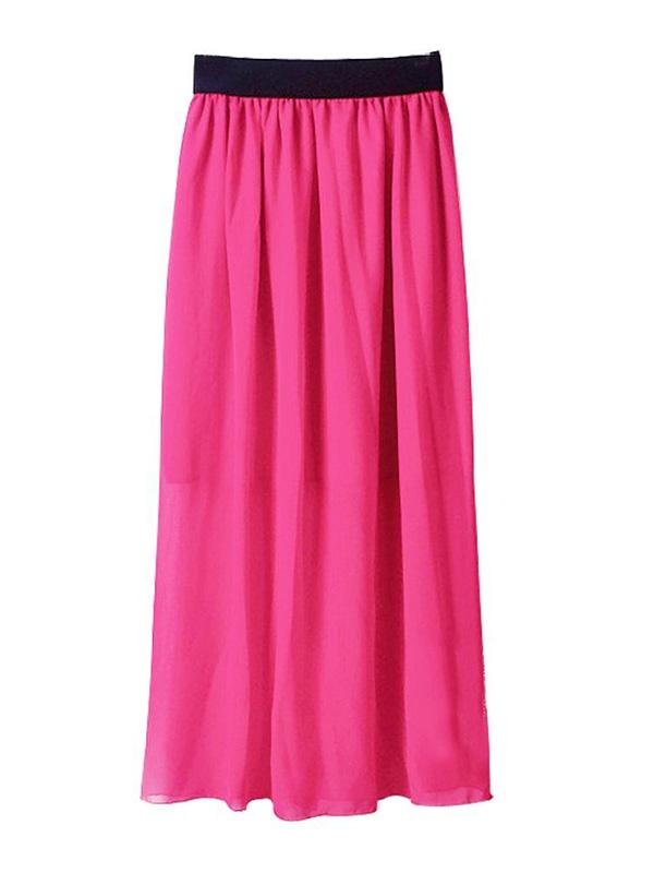 Frauen Doppelschicht Chiffon plissiert Retro lange elastische Taille Maxi Rock (pink)