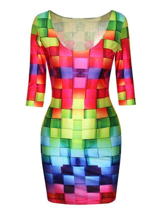 Women's Colour Cubes Digital Print Short Sleeve Dress Summer Clubwear Cocktail Party