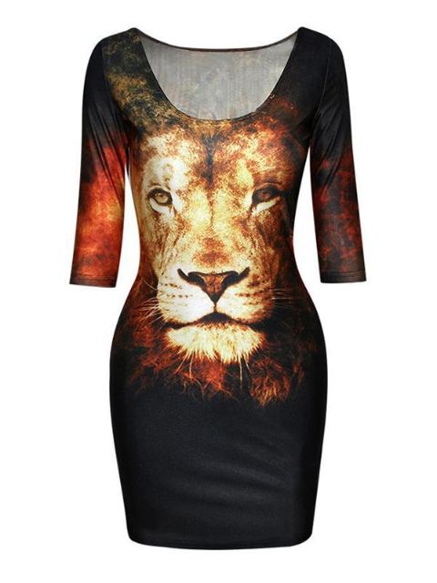 Women's Brown lion Digital Print Short Sleeve Dress Summer Clubwear Cocktail Party