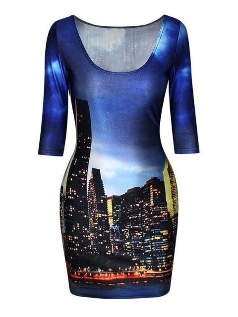 Women's City view Digital Print Short Sleeve Dress Summer Clubwear Cocktail Party