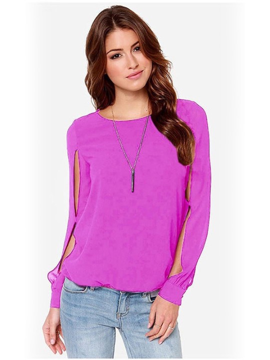 Nýjar konur lausar stórar blússutoppar kylfuermi langur frjálslegur bútasaumur Chiffon bolur （Stærð: S-2XL)