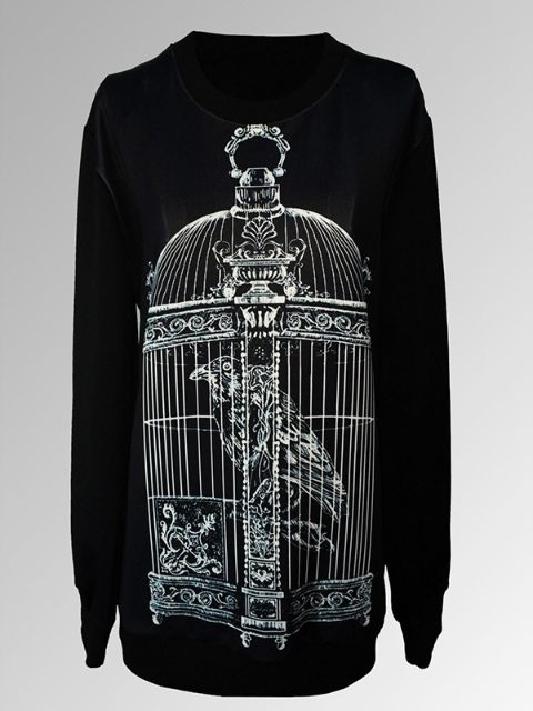 Kvinnors mode Gothic Punk Raven i bur Birdcage Digital Print Pullover Tröja Top