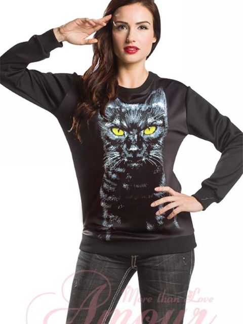 Womens Stylish Gothic Green Eyes Night Cat Hunter Gothic Kitten Sweater Pullover Sweatshirts & Hoodies
