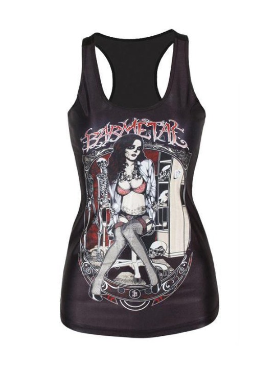 Playeras sin mangas impresas digital sin mangas de la camiseta de las mujeres 3D (negro)