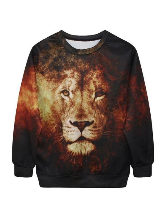Women's Fashion Lion Digital Print Long Sleeve Sweatshirts & Hoodies (Brown)