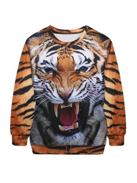 Women's Fashion 3D Tiger Digital Print Long Sleeve Sweatshirts & Hoodies (Brown)