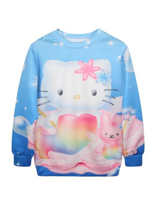 Dammodell Kitty Digital Print Långärmade tröjor &amp; huvtröjor (blå)