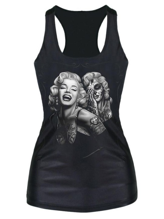 Sumar kvenna Skull Monroe Tíska Ermalaus Cult Stafræn prentun Gotneskur bolur bolir